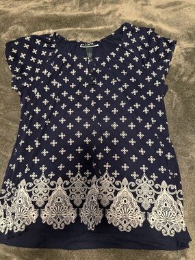 Karen Scott Navy Blue Buttoned Top with White Floral Motif
